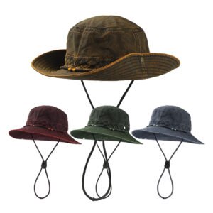 Vintage Washed Outdoor Wide - Brim Hat with Adjustable Chin Strap, Multiple Colors for Hiking & Camping