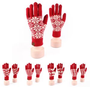 Women's Red Knitted Touch Screen Gloves with Floral/Checkered/Heart Patterns - Warm & Stylish for Winter