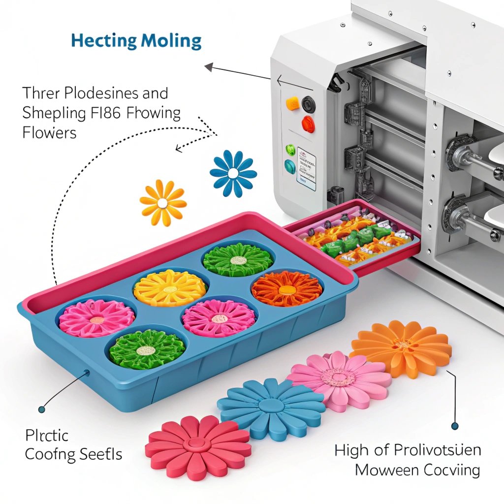 injection molding machine producing plastic flowers in a factory setting