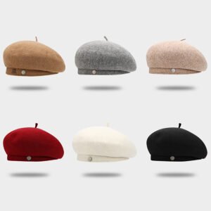 Classic Wool Blend French Beret Hats with Metal Button Detail – Timeless Artist Caps for Women Autumn Winter Fashion Adjustable One-Size Headwear Multiple Solid Colors
