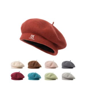 Beauvelo French Style Wool Beret Hats for Women – Soft Solid Color Artist Caps with Brand Logo Detail Adjustable Autumn Winter Fashion Headwear Multiple Colors