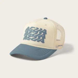 Vintage Cream & Blue Mesh Trucker Hat – Unique Wavy Embroidery Breathable Adjustable Cap