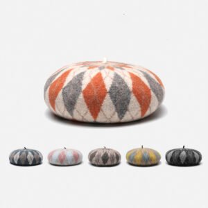 Argyle Pattern Wool Beret – Classic Preppy Style Artist Cap Soft Warm Autumn Winter Fashion Headwear Multiple Colorful Argyle Combos