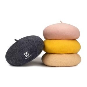 Beauledo Wool Beret – French Style Soft Felt Artist Cap with Brand Logo Detail Adjustable One-Size Autumn Winter Fashion Headwear Multiple Solid Colors
