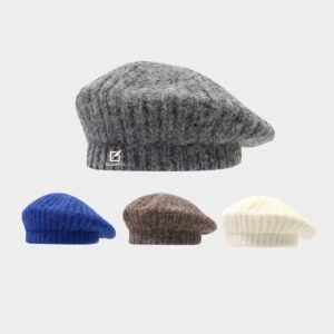 Beauledo Knit Wool Beret – Textured Ribbed French Style Artist Cap Adjustable One-Size Autumn Winter Fashion Headwear Multiple Solid Colors (Gray/Blue/Brown/White)