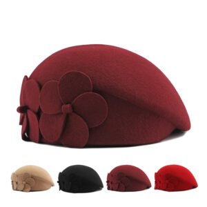 Floral Decor Wool Felt Beret – Elegant French Style Artist Cap Adjustable One-Size Autumn Winter Fashion Headwear Multiple Solid Colors (Burgundy/Beige/Black/Red)