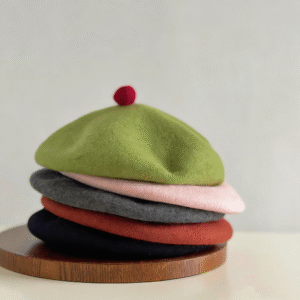 Pom-Pom Decor Wool Felt Beret – French Style Solid Color Artist Cap Adjustable One-Size Autumn Winter Fashion Headwear Multiple Colors (Green/Pink/Gray/Red/Black)