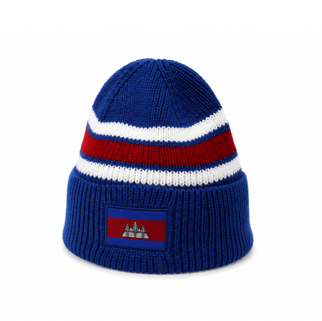 Cambodia Flag Striped Knit Cuff Beanie Hat – National Flag Patch Winter Warm Skull Cap Casual Outdoor Knitted Beanie for Cambodian Fans & Streetwear
