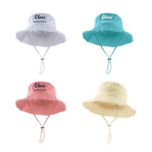 100% Pure Cotton Distressed Bucket Hat, Wide Brim UV Protection Beach Hat with Adjustable Wind Strap