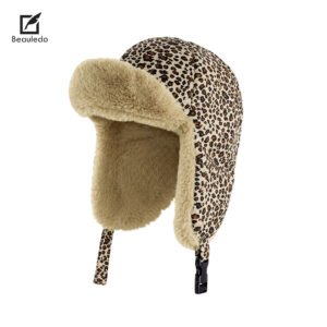 Warm Fleece Lined Leopard Trapper Hat, Suede Outer Windproof Ear Protection Winter Ushanka Hat For Skiing Hiking Outdoor Travel