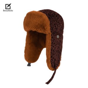 Vintage Leopard Print Winter Ear Protection Hat, Thick Faux Fur Lined Russian Bomber Trapper Hat Wind Resistant Cold Weather Hat
