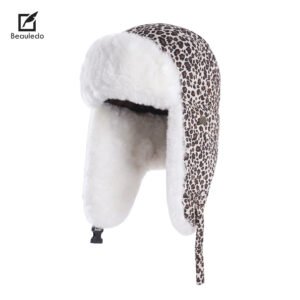 Unisex Leopard Pattern Lei Feng Trapper Hat, Faux Fur Lined Windproof Earflap Ushanka Hat Winter Thermal Cap for Outdoor Sports