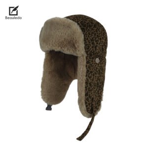 Winter Snow Travel Leopard Print Ushanka Trapper Hat, Thick Faux Fur Lined Windproof Ear Protection Hat for Skiing Hiking Cold Weather