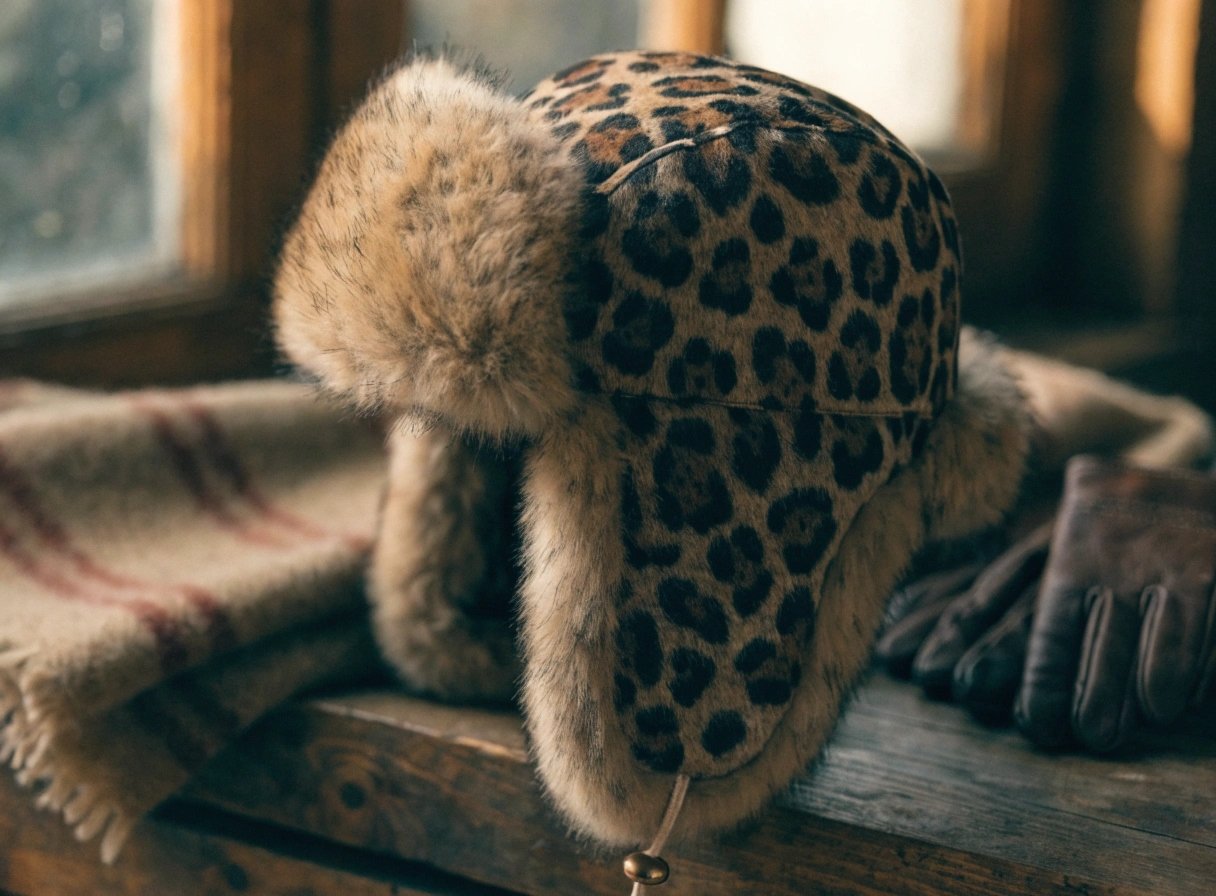 Leopard print trapper hat on model