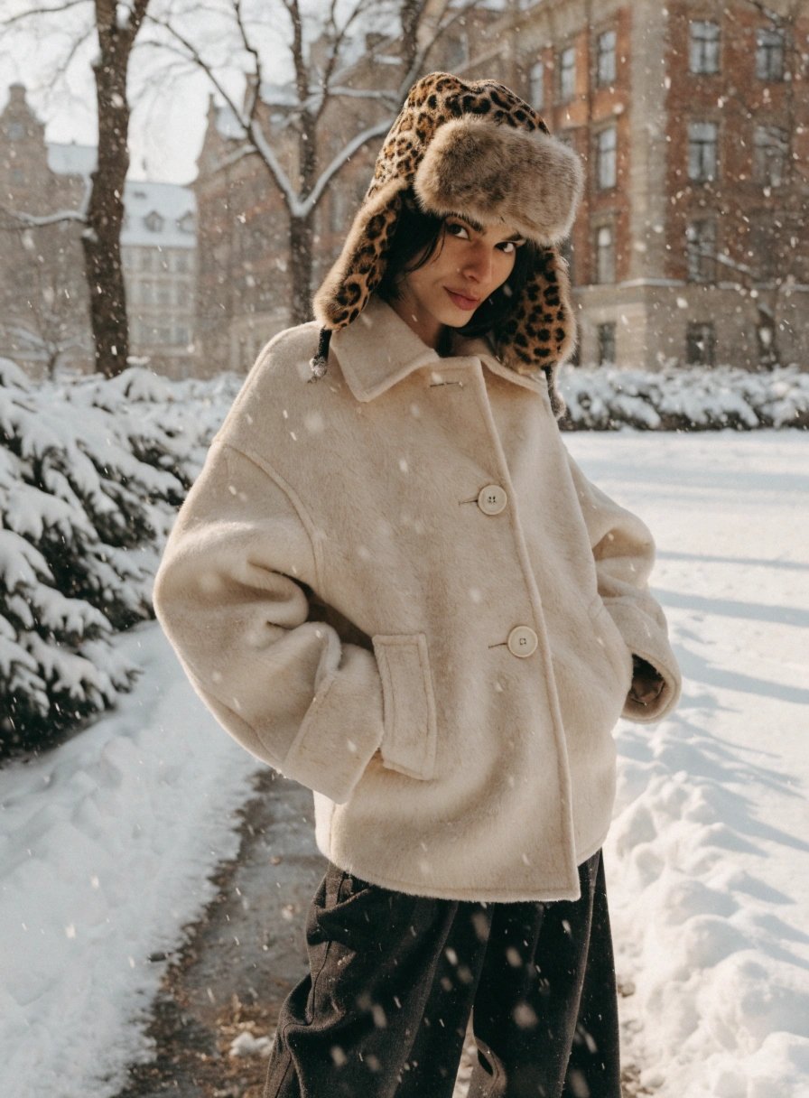 Leopard print trapper hat with snow backdrop