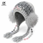 Grey Ombre Knit Earflap Beanie, Faux Fur Pom Pom Braided Tassel Winter Trapper Hat for Women