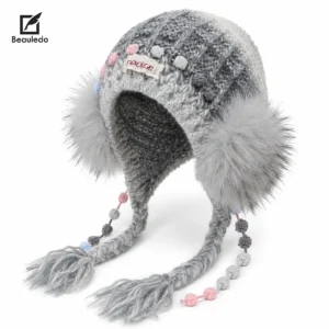 Grey Ombre Knit Earflap Beanie, Faux Fur Pom Pom Braided Tassel Winter Trapper Hat for Women