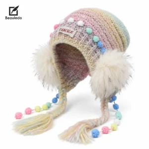 Macaron Pink Mix Gradient Knit Earflap Hat, Faux Fur Pom Pom Braided Tassel Winter Beanie for Girls