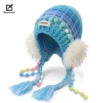 Grey Ombre Knit Earflap Beanie, Faux Fur Pom Pom Braided Tassel Winter Trapper Hat for Women - image 5