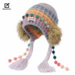 Grey Ombre Knit Earflap Beanie, Faux Fur Pom Pom Braided Tassel Winter Trapper Hat for Women - image 3
