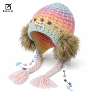Rainbow Pastel Gradient Knit Earflap Trapper Hat, Faux Fur Pom Pom Braided Tassel Winter Beanie for Women
