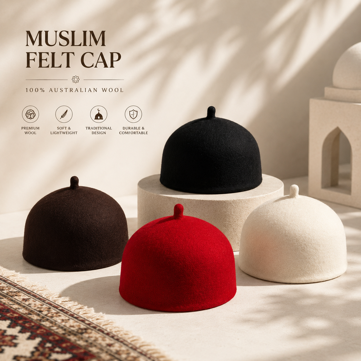 Prayer cap colour lineup on display
