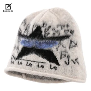 Grunge Aesthetic Star Graffiti Knit Hat, Soft Wool Blend Bucket Beanie for Streetwear Outfits