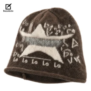 Vintage Star Graffiti Pattern Knit Bucket Hat, Soft Fluffy Winter Beanie for Hip Hop Street Style