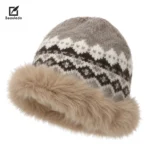 Black Red Nordic Fair Isle Knit Bucket Hat Women Faux Fur Trim Winter Fleece Lined Warm Hat - image 5