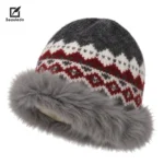 Black Red Nordic Fair Isle Knit Bucket Hat Women Faux Fur Trim Winter Fleece Lined Warm Hat - image 4