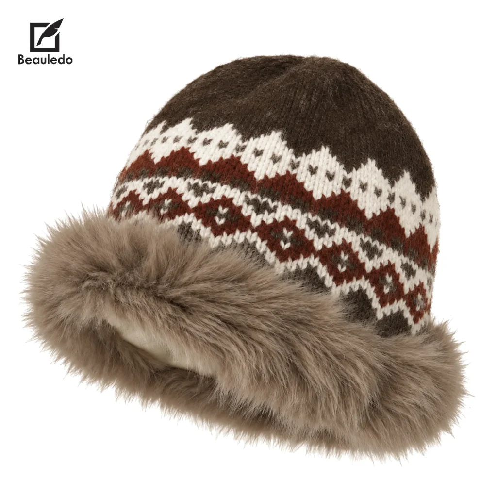 Black Red Nordic Fair Isle Knit Bucket Hat Women Faux Fur Trim Winter Fleece Lined Warm Hat