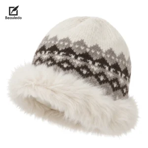 Cream Beige Fair Isle Knit Bucket Hat for Women Faux Fur Edge Winter Warm Fleece Lined Hat