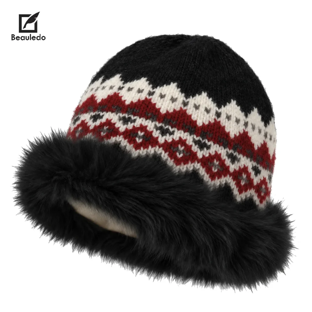 Women Fair Isle Knit Bucket Hat Faux Fur Trim Fleece Lined Winter Warm Retro Nordic Hat