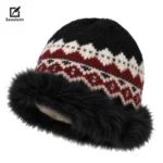 Black Red Nordic Fair Isle Knit Bucket Hat Women Faux Fur Trim Winter Fleece Lined Warm Hat - image 2