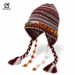 Grunge Aesthetic Striped Winter Knit Hat, Cute Pom Pom Beanie with Ear Covers & Braided Tassels, Outdoor Ski Warm Hat for Gir