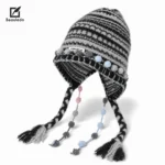 Grunge Aesthetic Striped Winter Knit Hat, Cute Pom Pom Beanie with Ear Covers & Braided Tassels, Outdoor Ski Warm Hat for Gir