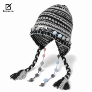 Fairycore Hand Knit Ear Flap Hat for Women, Striped Mohair Texture Beanie with Pom Pom String & Long Tassels, Windproof Winte
