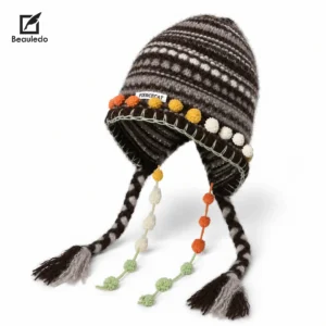 Grunge Aesthetic Striped Winter Knit Hat, Cute Pom Pom Beanie with Ear Covers & Braided Tassels, Outdoor Ski Warm Hat for Gir