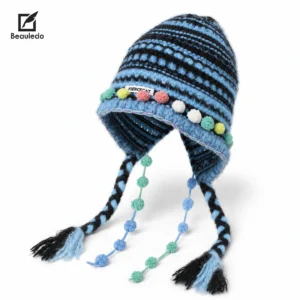 Vintage Stripe Knitted Earflap Beanie, Multi-Color Pom Pom Tassel Winter Hat, Soft Fluffy Knit Cap for Streetwear & Holiday
