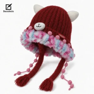 Women Winter Ribbed Knit Hat with 3D Cat Ears & Pom Pom Tassel