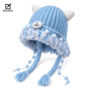 Kawaii Cartoon Cat Face Knitted Hat, Warm Plush Lined Ear Protection Beanie