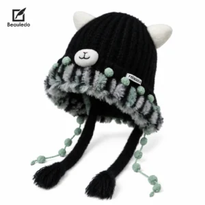 Winter Knitted Wool Beanie Velvet Lined Warm Hat With Ball Tassel Earmuffs for Women Parent Child Matching